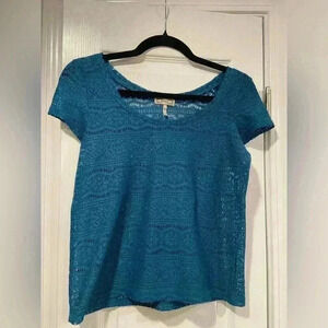 Kirra Teal Lace Scoop Neck Short Sleeve Crop Top Stretchy Crochet Blue Size XS